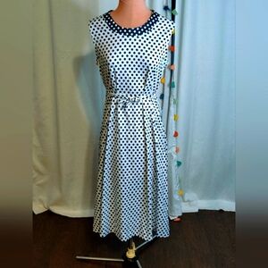 Slinky Spring  70s Midi column Day Dress polka dots navy white  Talon Zipper